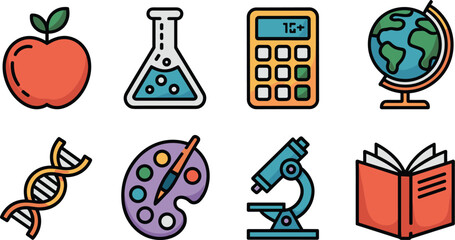 Vibrant, flat, and colorful academic school subjects icon set illustration collection, showcasing learning tools like apple, beaker, globe, book, DNA, calculator, palette, and microscope vector graphi