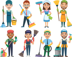 Diverse group of male and female professional cleaning services workers and maintenance staff holding brooms, vacuums, and janitorial supplies, smiling team members in a cheerful flat vector illustrat