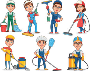 Friendly professional cleaning service workers and maintenance crew team characters holding janitorial equipment, including vacuums, mops, buckets, and scrubbing tools, detailed in a vibrant vector ca