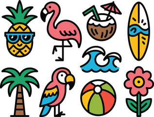 Obraz premium Comprehensive set of summer icons and tropical beach elements including flamingo, parrot, palm tree, cool pineapple with sunglasses, surfboard, coconut cocktail, and ocean wave illustration, perfect f