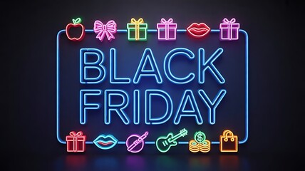 Black friday neon sign with gift icons