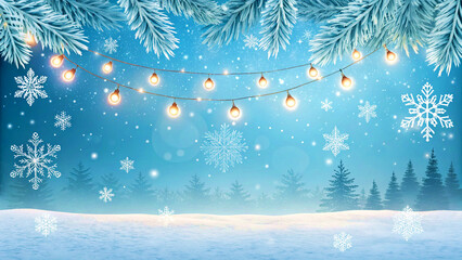 Magical winter scene with glowing lights and snowflakes falling gently over snowy trees, a festive and enchanting background for holiday greetings