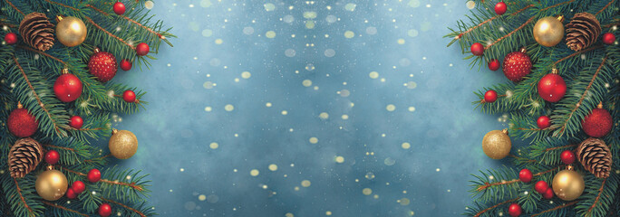 Festive Christmas background with ornaments and pine branches for holiday promotions, joyful season greetings, or a heartwarming winter celebration scene
