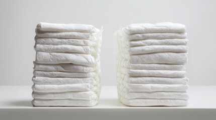Two neatly stacked piles of white diapers arranged on a white background.