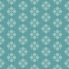 Seamless intricate geometric pattern with connected quatrefoil and eight pointed star motifs forming a continuous trellis Cool palette includes teal light blue gray and delicate golden lines