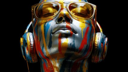 Woman with metallic graffiti face, sunglasses, headphones, vivid 3D art digital portrait.