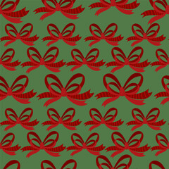 Seamless Red Ribbon Bow Pattern on Green Background