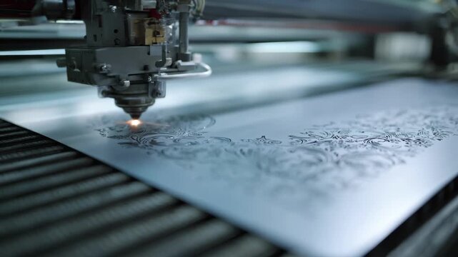 Medium shot of shallow chemical etching on a metal sheet highlighting delicate surface engraving with fine detail in a controlled factory environment.