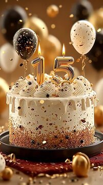 Celebrating a shimmering 15th milestone with a decadent cake and golden balloons, capturing the magic of birthdays and special occasions
