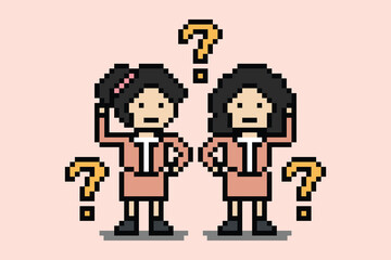 Cartoon cute of student question problem ask or inspiration idea with classroom learning giel woman 8 bit pixel art design.