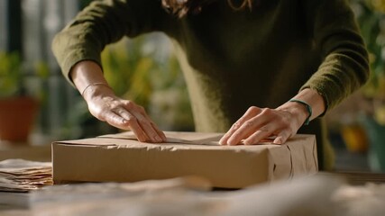 Medium shot of a person sealing a biodegradable mailer with natural tape focusing on sustainable shipping and ecoconscious business practices.