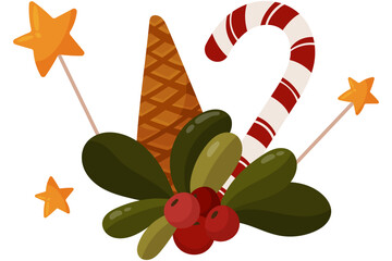 Christmas Candy Cane with Waffle Cone, Holly and Stars - Festive Illustration