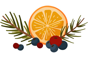 Christmas Arrangement with Orange Slice, Berries and Pine Cones – Festive Illustration