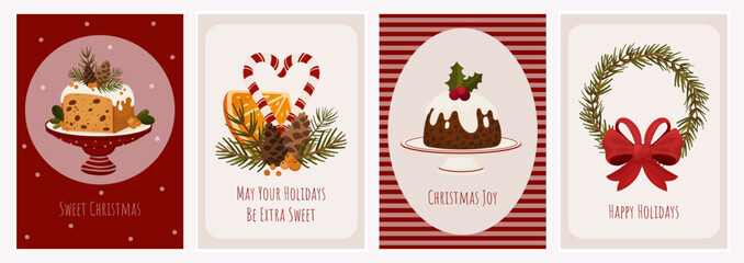 A set of festive Christmas greeting cards with holiday cakes, wreaths, candy canes, pine cones and seasonal decorations