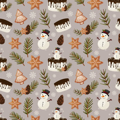 Seamless Christmas Pattern with Snowmen, Gingerbread Cookies and Winter Elements. Cozy vector illustration in soft winter palette, perfect for wrapping paper, textile prints, holiday backgrounds