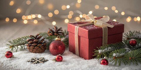 Charming Christmas gift with ribbon, ornaments, and pine boughs evokes holiday cheer and festive spirit, perfect for seasonal greetings and joyful celebrations