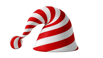 A festive red and white striped christmas elf hat isolated on a black background in a studio shot