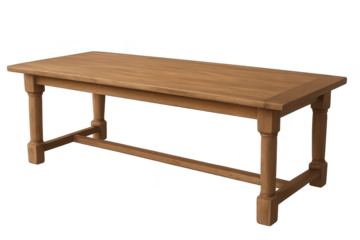 Wooden table isolated on transparent background, rustic design, furniture element