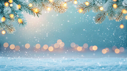 Magical winter scene with snowy branches, twinkling lights, and soft snowfall evokes a sense of wonder and holiday cheer, perfect for festive designs