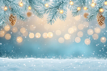 Magical winter snowfall scene with sparkling lights and frosted pine branches for festive holiday cheer and seasonal greetings, perfect for Christmas designs
