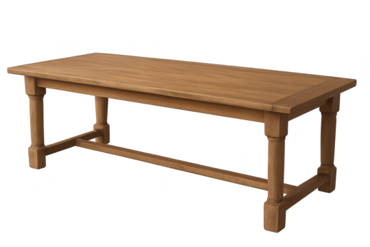 Wooden table isolated on transparent background, rustic design, furniture element