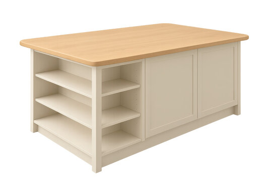 Isolated kitchen island with wooden countertop on transparent background studio