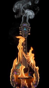 A creatively designed mandolin adorned with intricate floral patterns, surrounded by vivid flames and smoke. The dramatic contrast against the black background enhances the fiery effect.