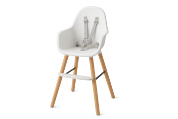 Modern high chair for baby, isolated on transparent background, safety first