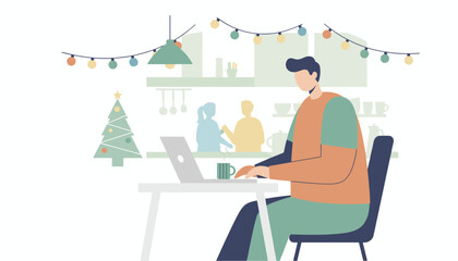 Man working remotely on laptop in festive kitchen with Christmas tree and string lights