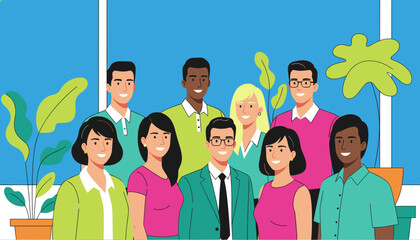 Modern illustration of a diverse successful team of employees smiling together in an office setting
