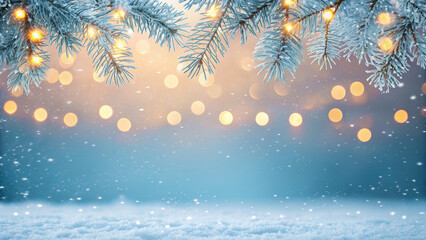 Enchanting winter scene with snow-covered pine branches and sparkling bokeh lights, creating a magical, festive atmosphere perfect for holiday designs