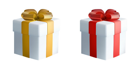 3D gift box, present icon. Cake surprise in red gold ribbon bow. Reward card, birthday prize. Cute realistic render christmas emoji, giftbox bonus. Premium win package closed, new year luxury sale