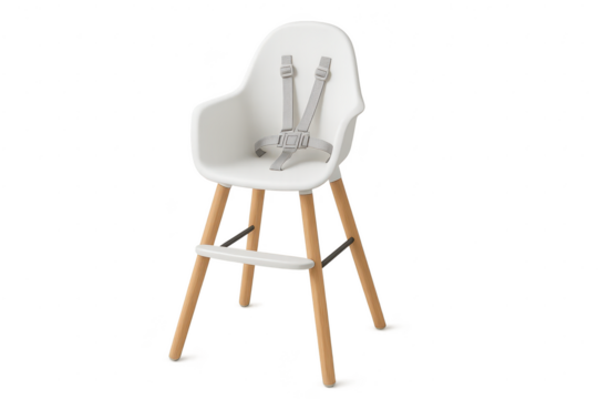 Modern high chair for baby, isolated on transparent background, safety first