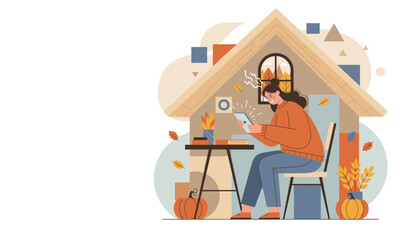 Frustrated woman struggling with a digital device while working or studying from home during autumn