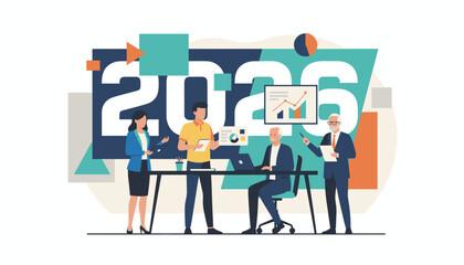 Business team analyzing data and planning strategy for 2026 goal setting and corporate growth