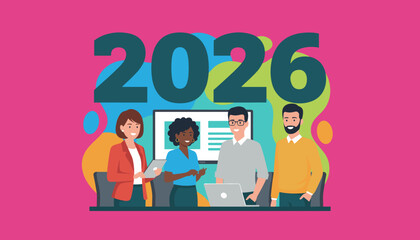 Diverse team planning goals for the New Year 2026 Business meeting illustration on bright background