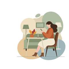 Woman using smartphone indoors in a cozy autumnal setting Remote work social media or communication concept