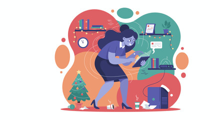 Holiday work stress Overworked businesswoman rushing a deadline in a messy festive office