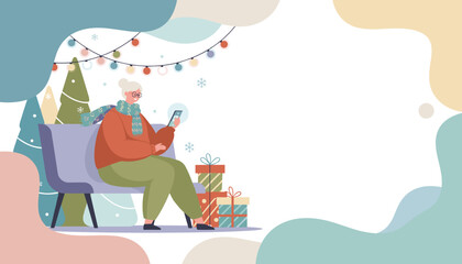 Happy senior woman using smartphone for online shopping or messaging in festive winter setting