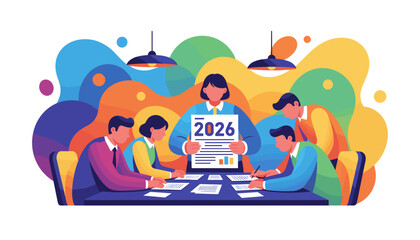 Team collaboration and business planning for 2026 strategy Leadership meeting illustration