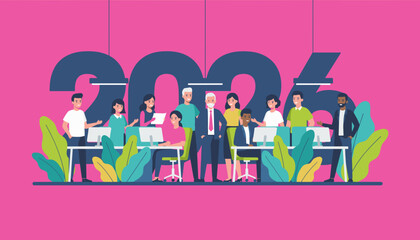 Diverse business team collaborating toward 2026 goals Corporate vision illustration