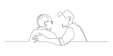 Continuous line drawing of an adult child gently embracing an elderly father, showing care and support. Single-line illustration suitable for family themes, caregiving, compassion.