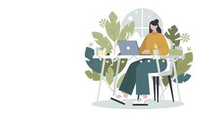 Cozy winter remote work Woman using laptop at desk decorated with plants and festive lights