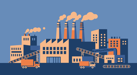 Obraz premium Industrial factory and city illustration showing manufacturing supply chain logistics and environmental impact