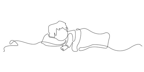 Continuous line drawing of a child sleeping peacefully under a blanket, head resting on a pillow. Single-line illustration suitable for bedtime themes, comfort, and calm.