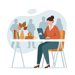 Woman working on a laptop at an office desk with autumn decor Corporate productivity and fall season concept