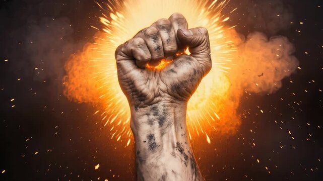 Muscular fist breaking heavy rusty chains with an explosive force. Overcoming adversity and fighting for freedom. Close-up lockdown shot.