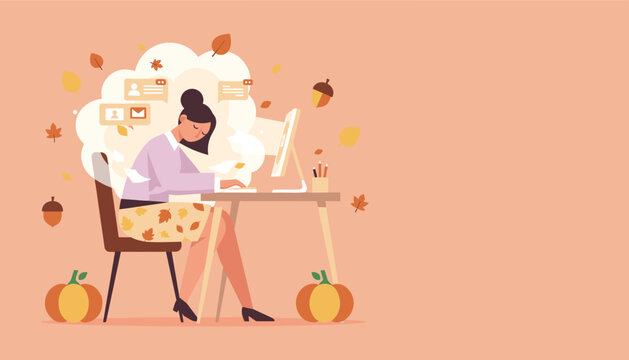 Tired woman overwhelmed by messages working on computer during autumn season Remote work stress