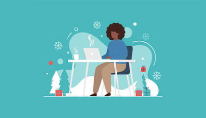 Festive remote worker using laptop with steaming mug and gifts