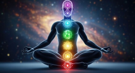 Human form meditating with illuminated energy centers, representing spiritual balance and inner peace against a cosmic nebula background, conveying holistic wellness.